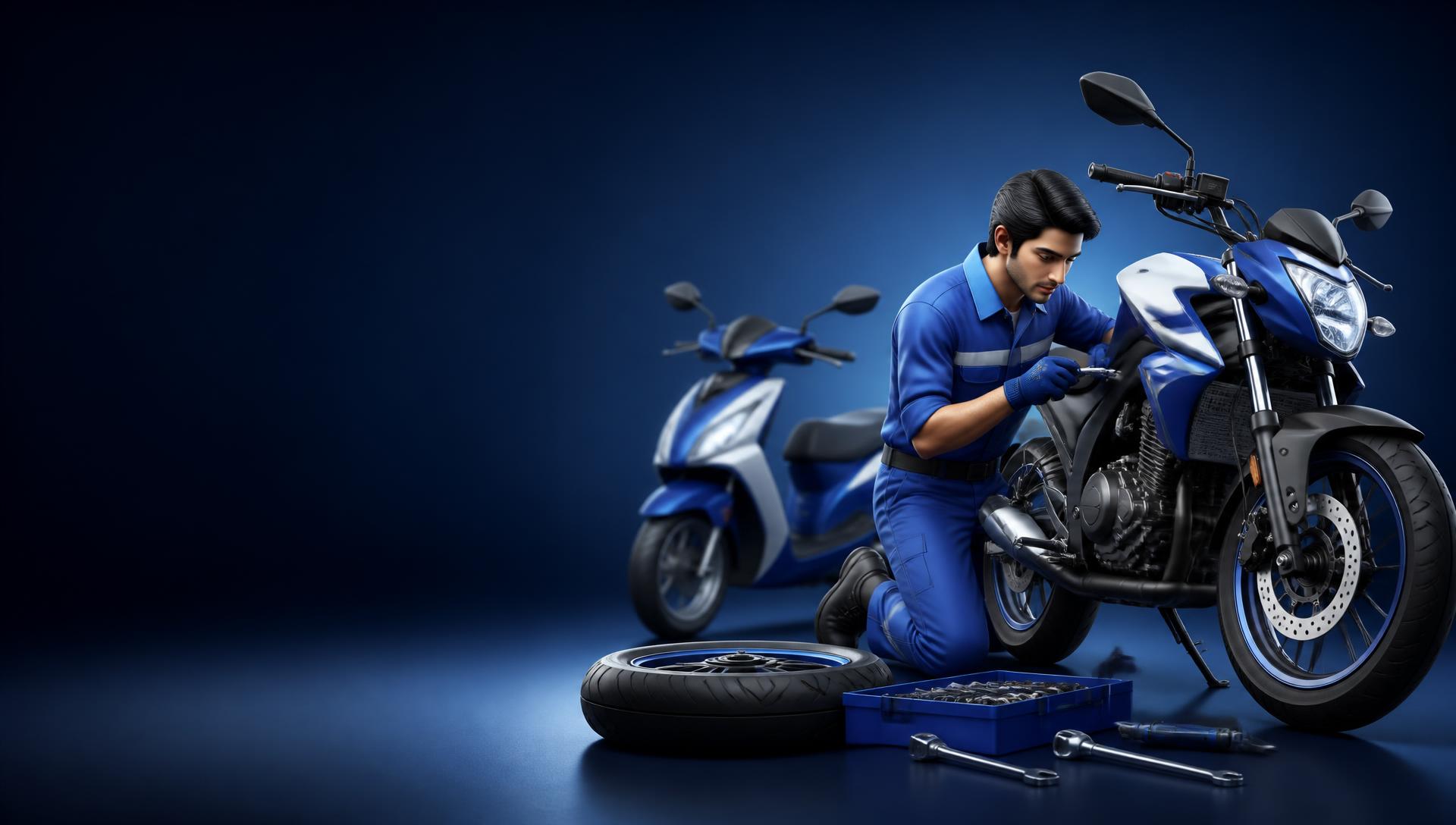 3D illustration of a mechanic repairing a two-wheeler at the customer's doorstep